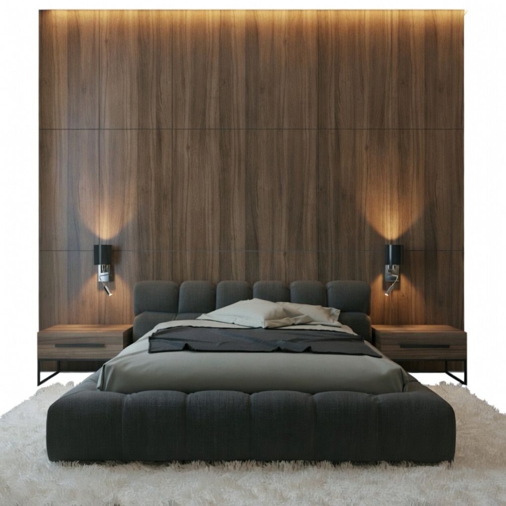 Cama com painel de madeira